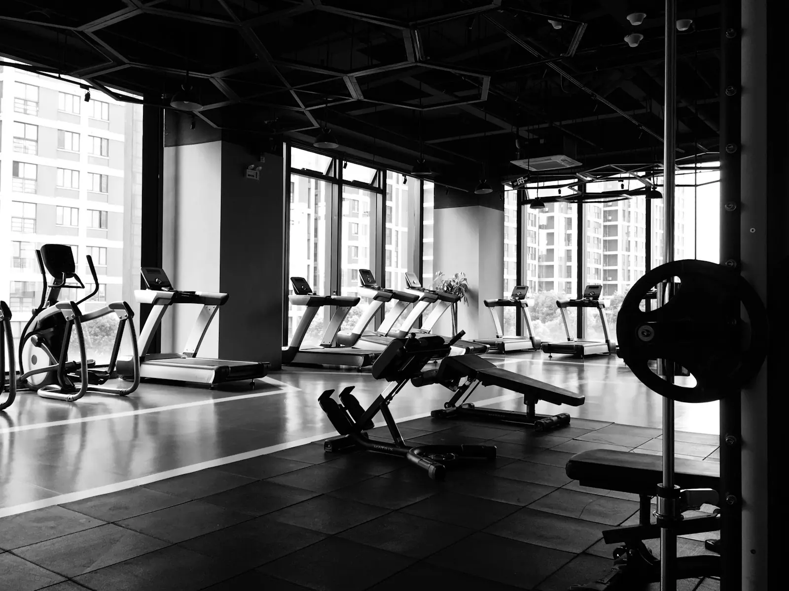 Trainingsfläche mit Bänken und Cardio-Geräten